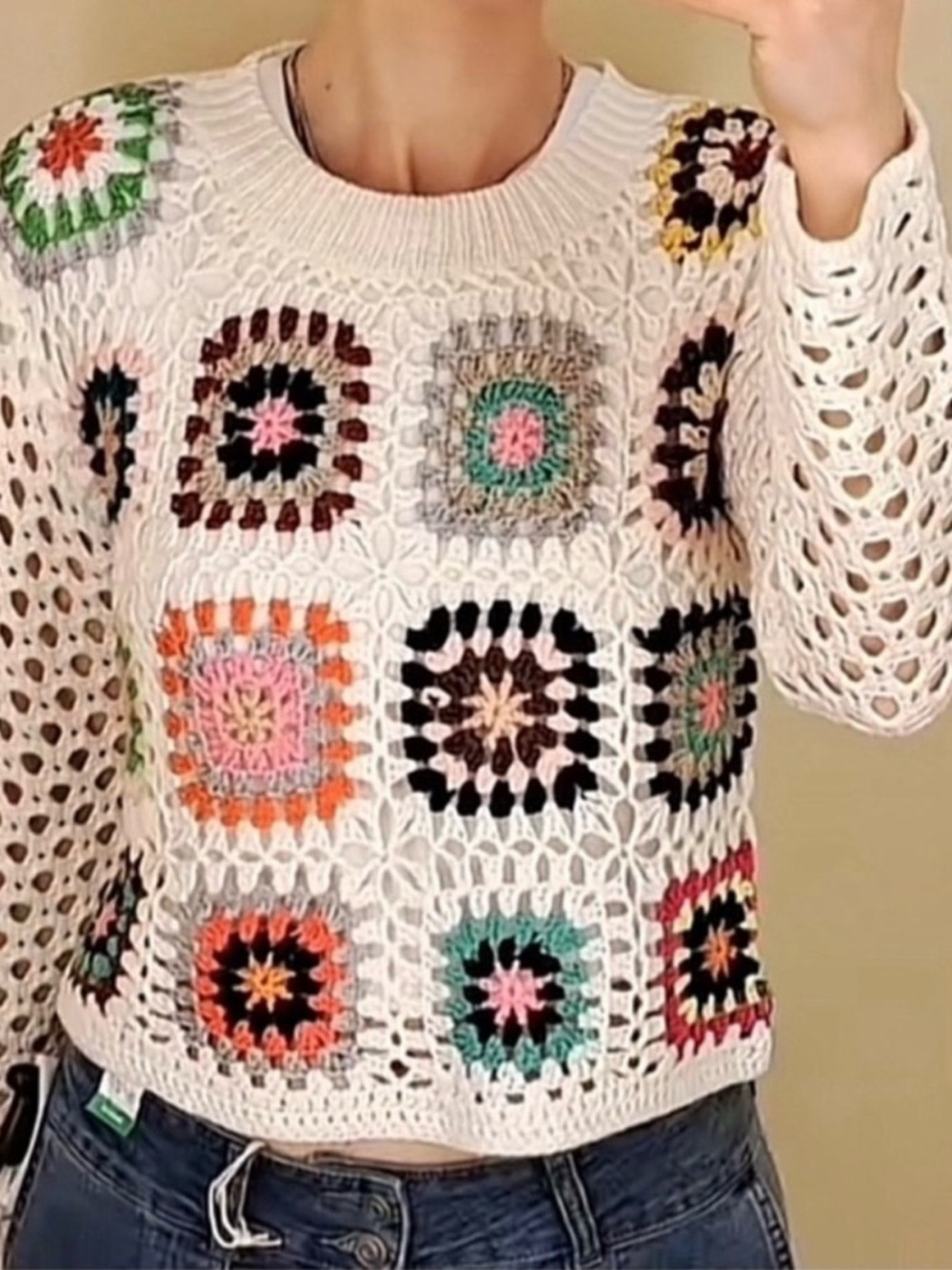Anthropology LUNA IVY Multicolor Crochet Pattern Women's Sweater